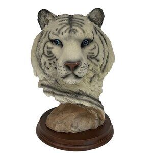 Resin White Tiger Head Bust Sculpture On Wooden Base 9" Tall Vintage 1980s